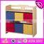 2015 New and Popular design wooden toy organizer for kids with 12 bins,storage organizer with plastic storage bins W08C037