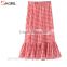 Vintage casual plus size elastic waist buttons up mid-calf plaid split ruffles asymmetric skirt for fashion women