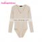 Apricot Color Bandage V Neck Winter Womens Bodysuit Long Sleeve Rompers Jumpsuits