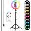 10inch RGB LED Ring Light with 200cm Tripod Stand Flexible Phone Holder for Live Streaming Makeup Camera Selfie