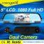HD 5" LCD Dual Lens Dash Cam Video Recorder night vision Car Camera DVR 2 In 1 Rearview Mirror+Front Car DVR+Rear view Camera