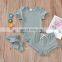 Solid color short-sleeved baby romper shorts  headband three-piece suit