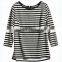 clothing manufacturer bateau neck 3/4 sleeve horizontal stripe loose fitting 100% cotton t shirt