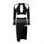 Amigo 2017 bandage dress 2pcs dresses with Black long sleeve hollow out crop top and midi high vent skirt for ladies night out