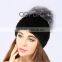 QD80618 Free Size Women Striped Natural Mink fur with Silver Fox Fur Pom Hats