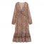 New French retro printed V-neck elegant slimming A-line layered decorative print MIDI dress