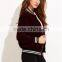MGOO Women Burgundy Velvet Bomber Jacket With Striped Trim Plain Baseball Jacket Zipper Closure