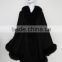 Fashion Style Women Black Color Cashmere Poncho with Fox Fur Trim Cape/Shawl