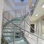 Arc / curved staircase with blue glass steps stainless steel stringer rod railing glass stair