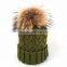 Myfur Khaki Green Wool Knitting Cap and Hat for Adults With Real Raccoon Fur Pom Pom