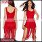2016 V-neckline Adjustable Shoulder Straps Red Fringes Romper Sleeveless Bodycon Ladies Jumpsuit