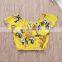 2019 new summer girls yellow tassel off shoulder tops tshirt & kids flower shorts skirt 2pc set 2-7years
