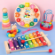 Early Education Toys Digital Clock Shape Matching Puzzle with Wooden Beads Threading Made Wood for Children