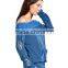 Fashion Cut Off Women Off Shoulder Tribal Print Hoodie with Front Pocket
