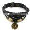 Handmade Genuine Real Leather Bracelet Sign Logo Charms Beads Button Adjustable Size Unisex