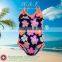 Printed Kibiscus Toddler Girls Swimsuit, contrasted frill around front neck & chest, and at leg.