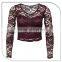 Sexy Women Red Wine Color With Sweet Heart Long Sleeve Lace Tops