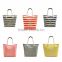 Wholesale Price classic stripe tote canvas shopping bag, big travel bag with leather trim handle