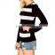 crew neck long sleeve black women winter sweater with white hollow out stripe