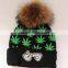 Myfur Adult Screen Green Leaf Printed Skull Hat With Real Fur Pom Pom