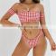 2019 Europe and the United States new bikini chest pad gather solid color female swimsuit with sleeves word shoulder plaid sexy