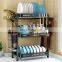 Punch-free foldable countertop dish draining storage plate rack black stainless steel kitchen shelf organizer with water tray