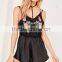 2017 Sexy Black Satin Pyjama Set Embroidered Custom Logo Harness Sweet Floral Teddy With Elasticated Waist