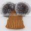 Myfur Khaki Green Fashion Knitting Hat with Genuine Silver Fox Fur Pom Poms