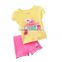 New arrival stripe ruffles kid tshirt sets puff sleeve pink girl two piece outfits cartoon animal baby suit