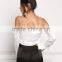 MGOO Manufacturer Custom Soft Satin Blouses Young Girl Sexy Crop Tops Off White Cold Shoulder Shirts