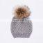 Girls Fashion Knit Hats With Big Fur Pompoms Grey Knitting Hat KZ160050