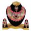 Beautiful Floral Designer Pink Color Gold Plated Kundan Zerconic Necklace Earrings Tikka