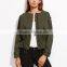 Women olive green collarless zip up drawstring jacket