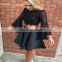 Two Pieces Black Exquisite Short Cocktail Dress Bateau Long Sleeve Beaded Satin Prom Dress
