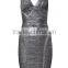 2015 New HL Sleeveless Deep V-neck Gold Silver Black Foiling Print Bandage Dress Sey Elegant Cocktail Bodycon Women Party Dress