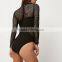 2016 Stylish Patterns High Neckline Long Sleeve Black Mesh Block Panel Bodysuit Design