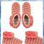pink and beige stripe knit warm indoor boots with big pom-pom