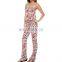CHEFON Bold floral print long jumpsuit,skinny tie shoulder straps straight neckline detail romper