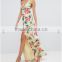 Guangzhou Clothing OEM Floral V Neck Thigh Split Rayon Plunge Strap Back Dress