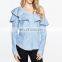 Hot Wholesale Fashion Ladies Striped Shirt Flounce Sloping Shoulder Casual Blouses