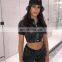 Hot Wholesale Women's Fall Spring Black Solid PU Leather Crop Top Coat for Ladies
