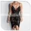 Ladies New Model Deep v Open Back Bodycon Midi Dress Girls Sexy Black Contrast Lace Night Dress