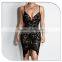 Ladies new model Deep v open back bodycon midi dress girls sexy black contrast lace night dress