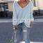 Womens Sexy V-collar Casual Long Sleeve Knitted Pullover Loose Sweater Jumper Tops Knitwear