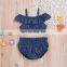 Children's clothing girls pure color denim top and shorts with two sets