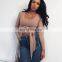 Hot Sale 2020 Women Sexy Hollow Cropped Top Solid Color Round Neck  Slim T-shirt