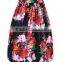 Women Fashion Retro Elastic High Waist Knee Length Flower Print Pleated Puff Midi Skirt