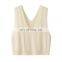 Casual Women's Knitted V-Neck Tank Tops Solid Color Cable Pattern Short Length Woolen Cashmere Embroidered Logo on Back Suits