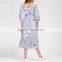Wholesale Apparel Off The Shoulder 3/4 Length Lantern Sleeve Tie Waist Ladies Vertical Striped Floral Dress