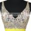Blingbling Yellow Crystals Beaded Sequined Evening Dresses Long 2016 V-neck Backless Chiffon Prom Dress Robe De Soiree Longued